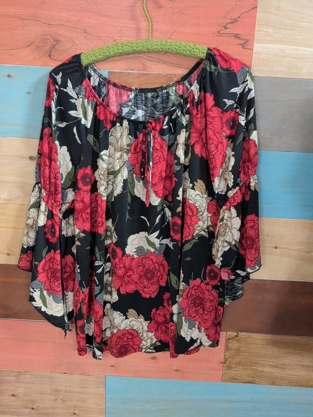 Off-Shoulder Floral Blouse in Black with Red & Cream Blooms